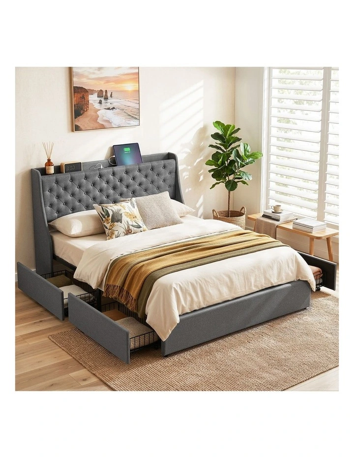 Artiss Queen Bed Frame with Storage Drawers Charging Station Tufted Wingback Charcoal Grey image 4