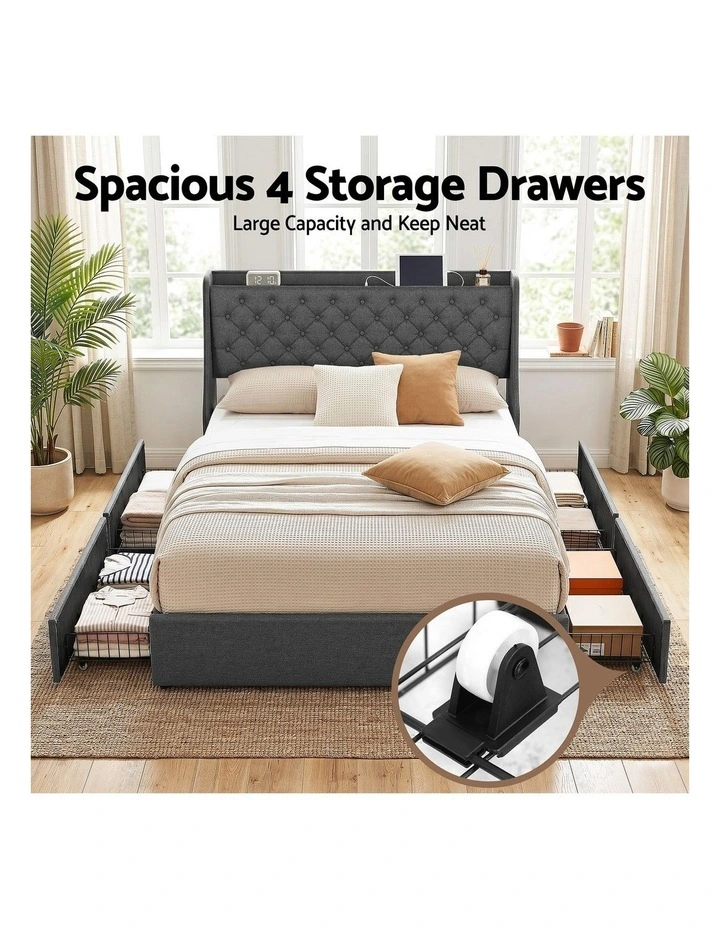 Artiss Queen Bed Frame with Storage Drawers Charging Station Tufted Wingback Charcoal Grey image 6
