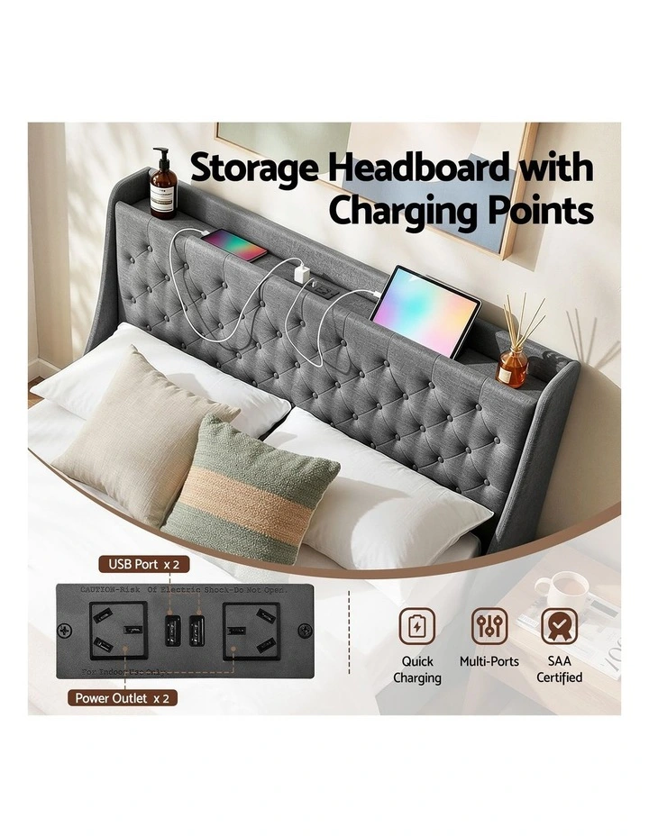 Artiss Queen Bed Frame with Storage Drawers Charging Station Tufted Wingback Charcoal Grey image 7