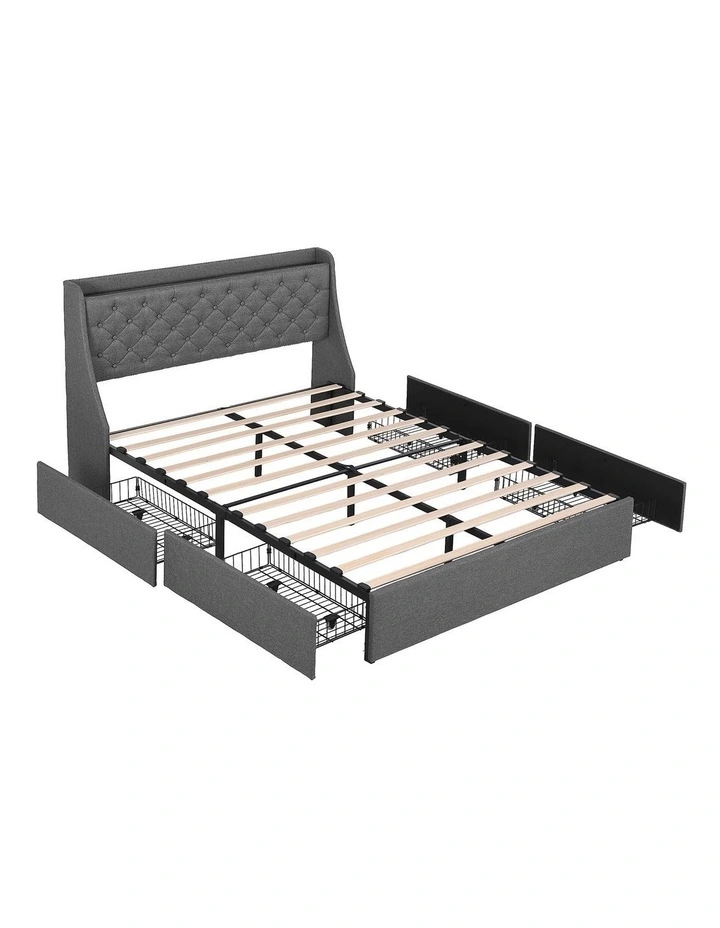 Artiss Double Bed Frame with Storage Drawers Charging Station Tufted Wingback Charcoal Grey image 1