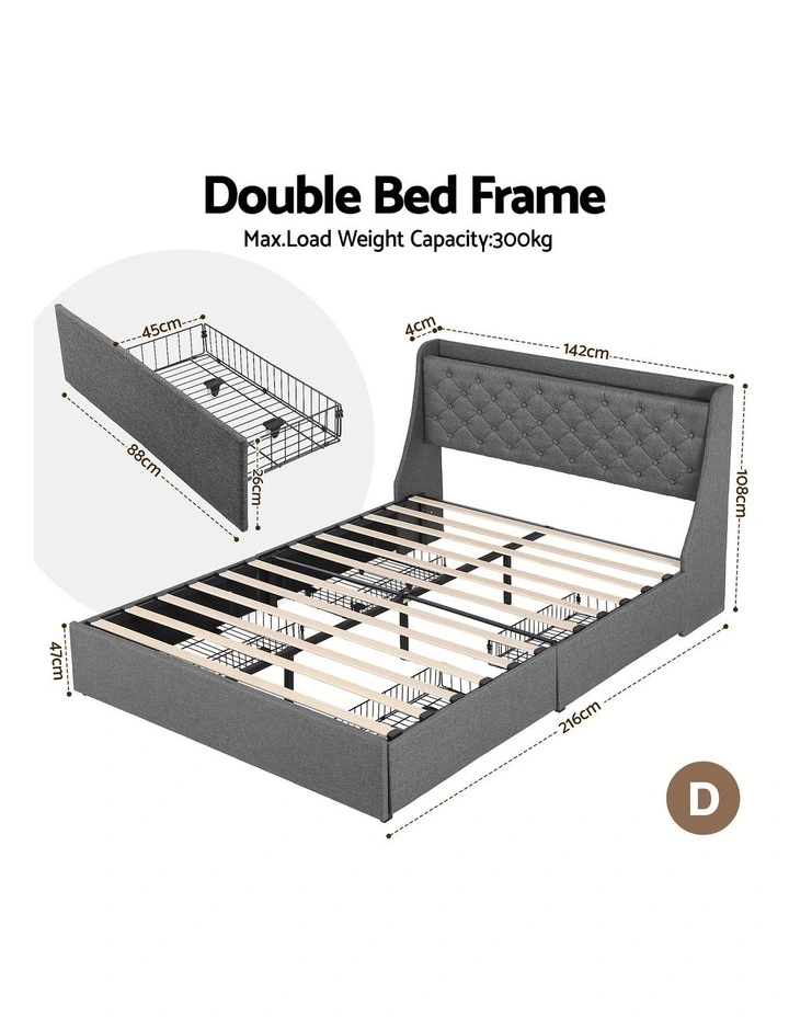 Artiss Double Bed Frame with Storage Drawers Charging Station Tufted Wingback Charcoal Grey image 3