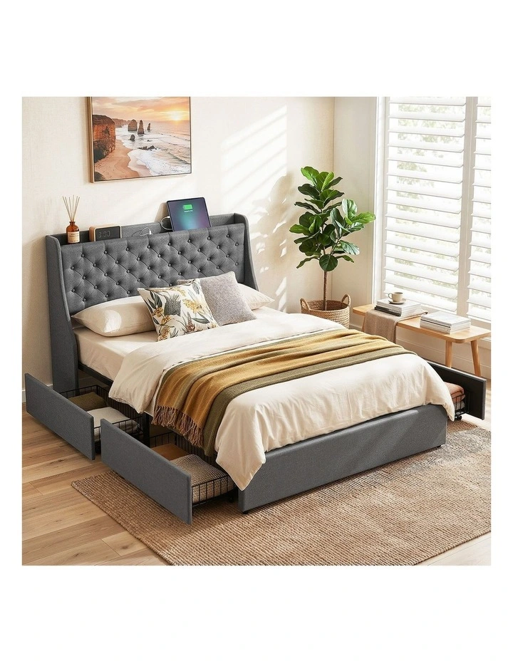 Artiss Double Bed Frame with Storage Drawers Charging Station Tufted Wingback Charcoal Grey image 4
