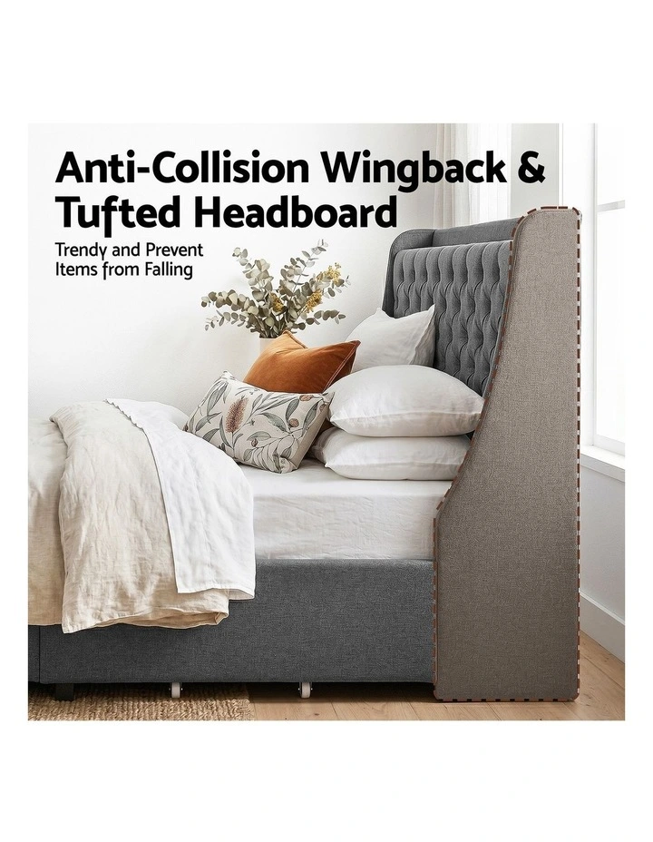 Artiss Double Bed Frame with Storage Drawers Charging Station Tufted Wingback Charcoal Grey image 5