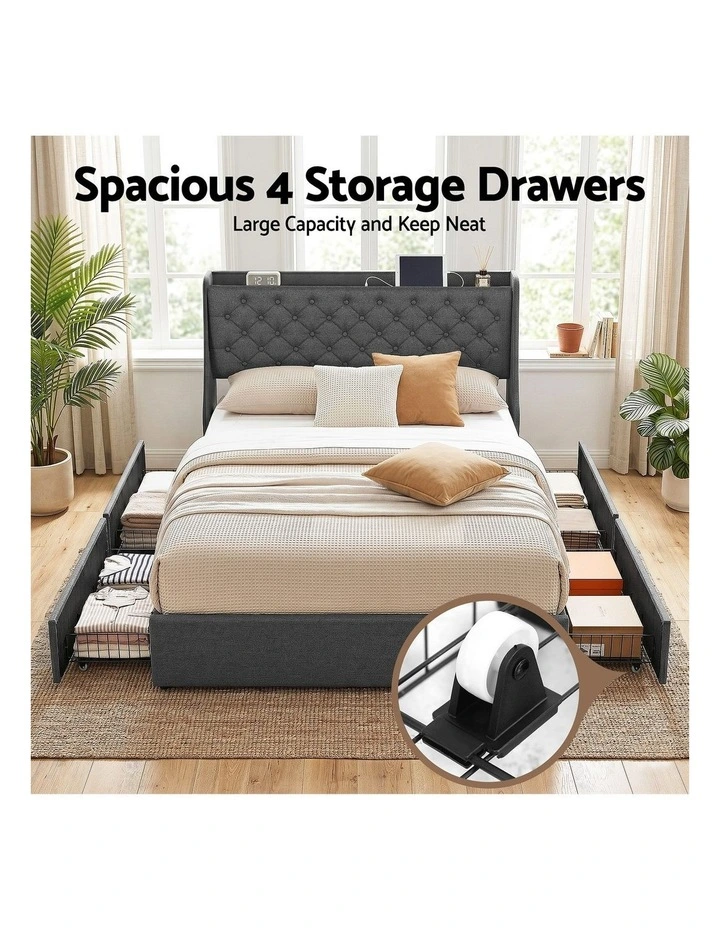 Artiss Double Bed Frame with Storage Drawers Charging Station Tufted Wingback Charcoal Grey image 6