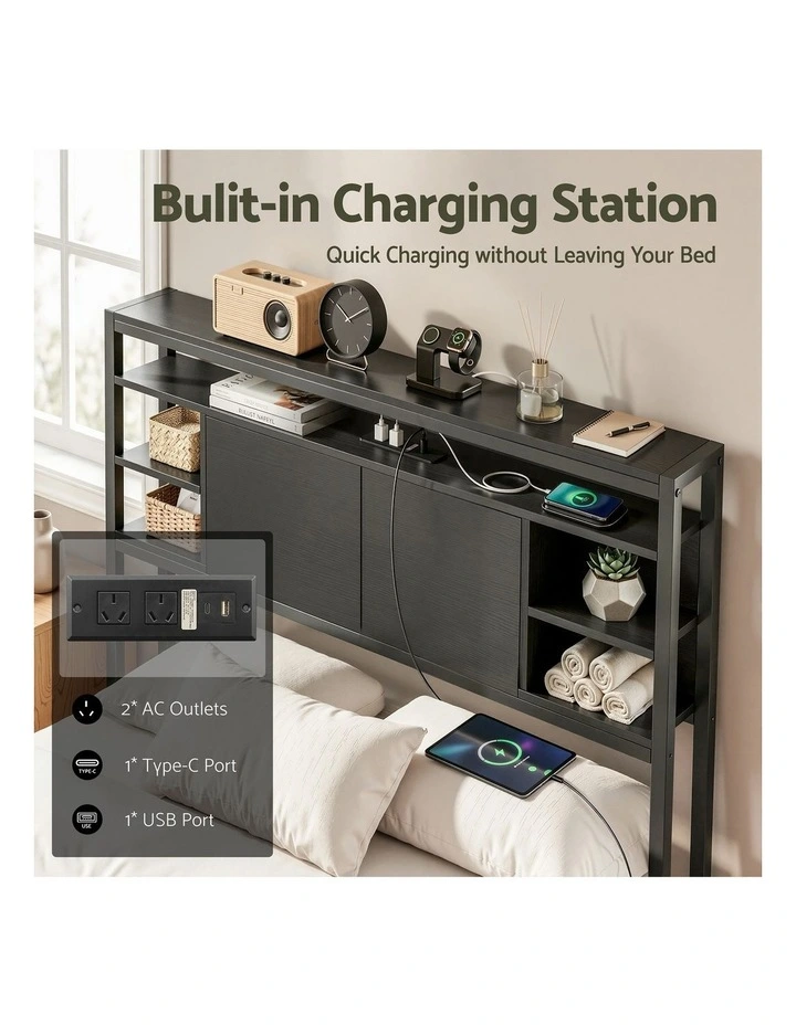 Artiss Bed Headboard King Single Storage Bedhead Charging Station Black image 7