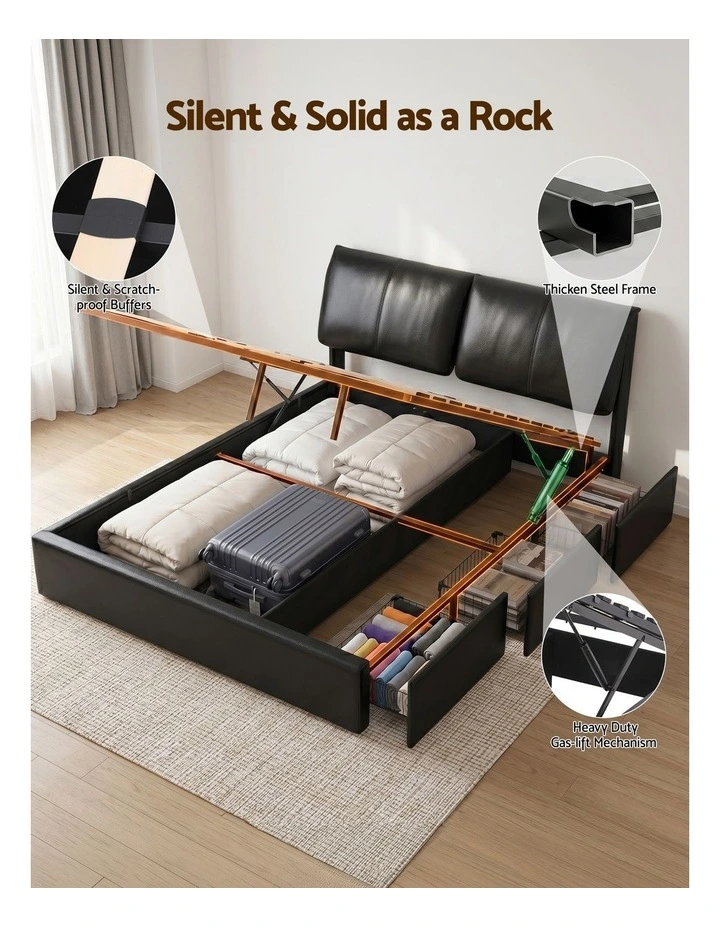 Artiss Queen Bed Frame Gas Lift Storage 3 Drawers Adjustable Headboard Platform Bed Black image 4
