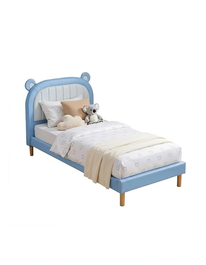Artiss Kids King Single Upholstered Bear Headboard Bed Frame Blue White 180kg Capacity image 1