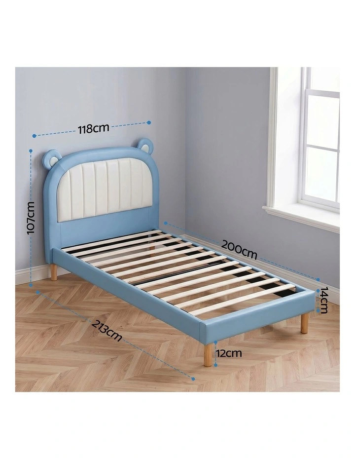 Artiss Kids King Single Upholstered Bear Headboard Bed Frame Blue White 180kg Capacity image 2