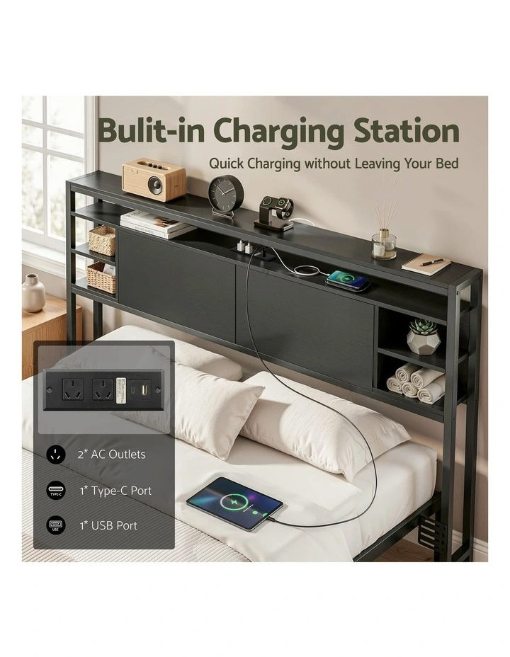 Artiss Bed Headboard Queen Storage Bedhead Charging Station Black image 7