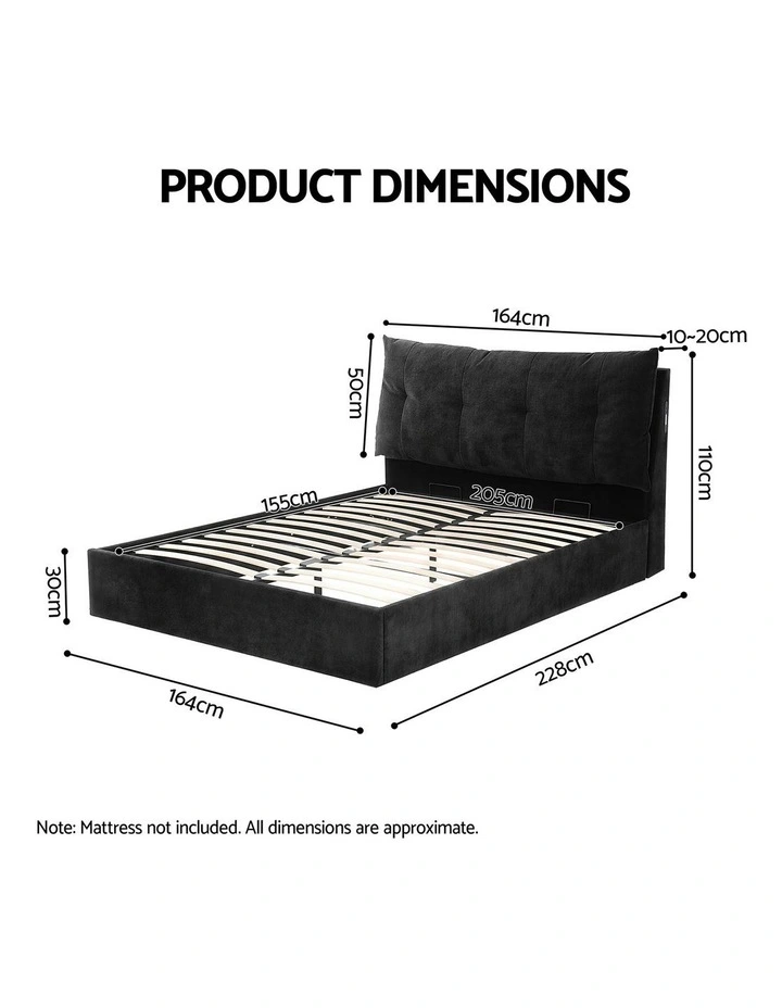 Artiss Queen Gas Lift Storage Bed Frame LED Light USB Type-C Charging Station Black Velvet image 3