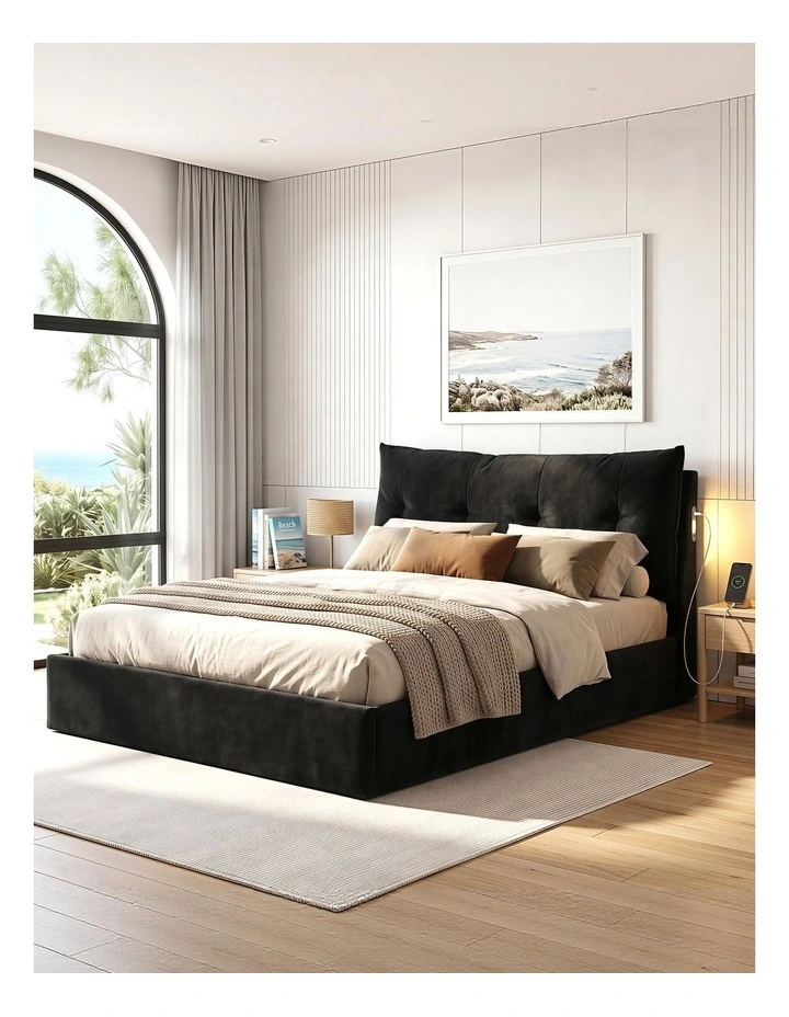Artiss Queen Gas Lift Storage Bed Frame LED Light USB Type-C Charging Station Black Velvet image 4