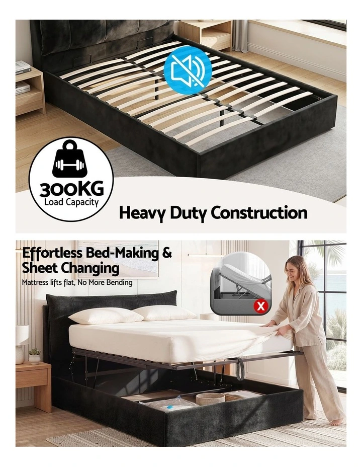 Artiss Queen Gas Lift Storage Bed Frame LED Light USB Type-C Charging Station Black Velvet image 6