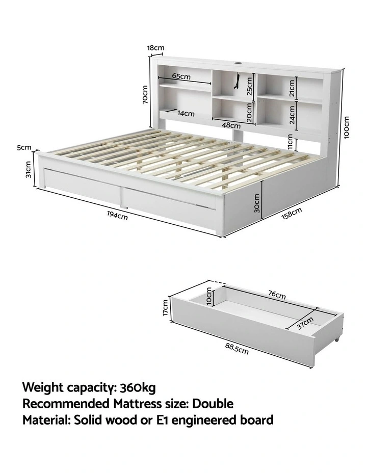 Artiss Double Solid Wood Storage Bed Frame Headboard Charging Station Drawers White image 2