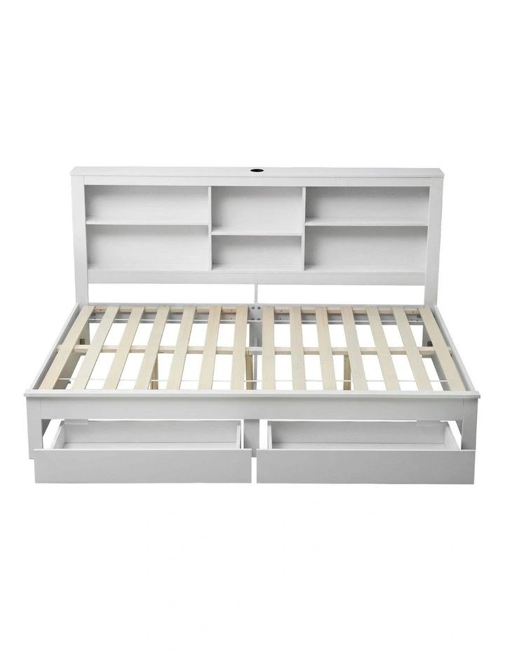 Artiss Double Solid Wood Storage Bed Frame Headboard Charging Station Drawers White image 3