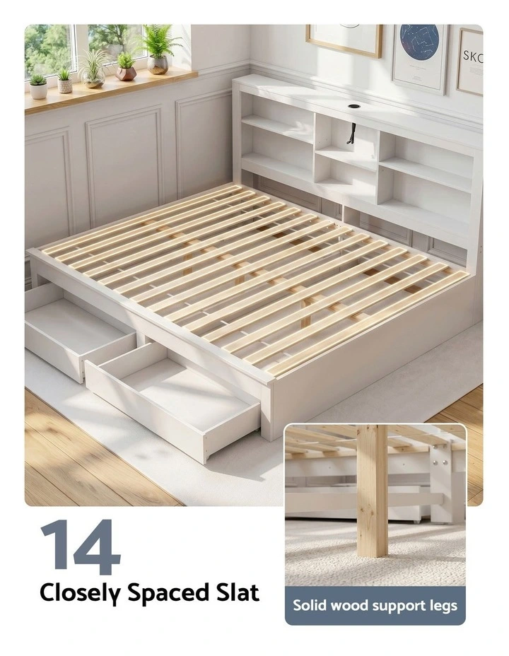 Artiss Double Solid Wood Storage Bed Frame Headboard Charging Station Drawers White image 5