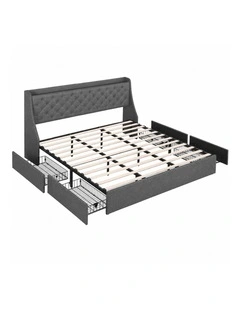 Artiss King Bed Frame with Storage Drawers Charging Station Tufted Wingback Charcoal Grey