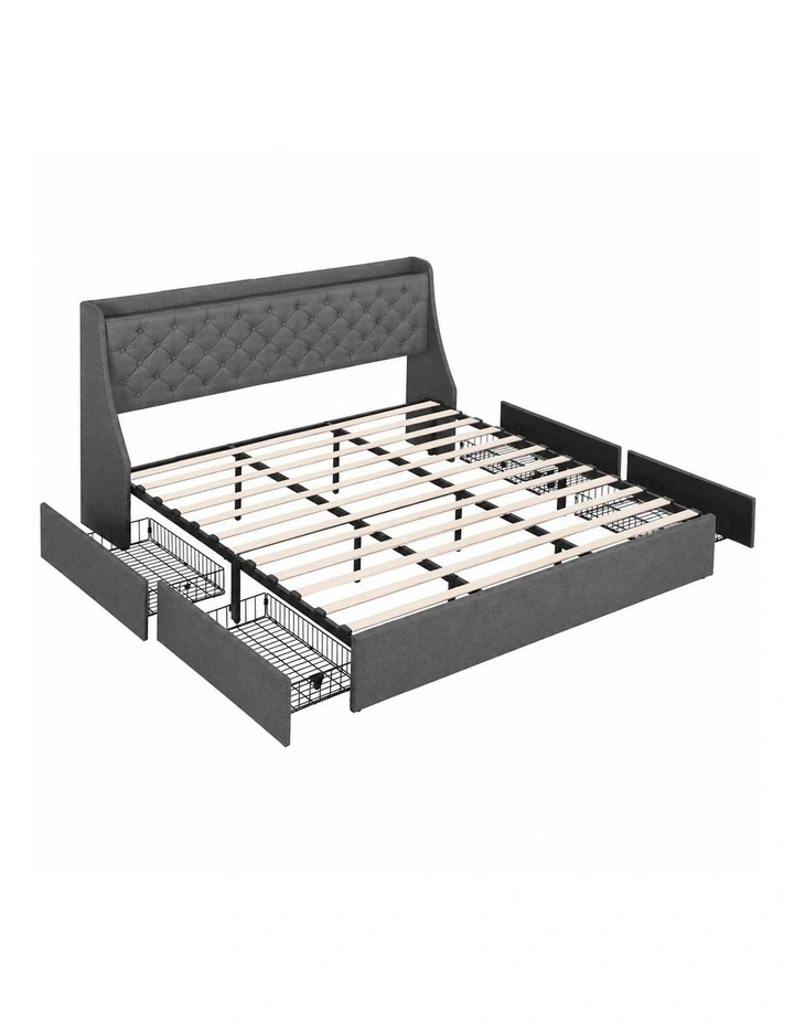 Artiss King Bed Frame with Storage Drawers Charging Station Tufted Wingback Charcoal Grey image 1