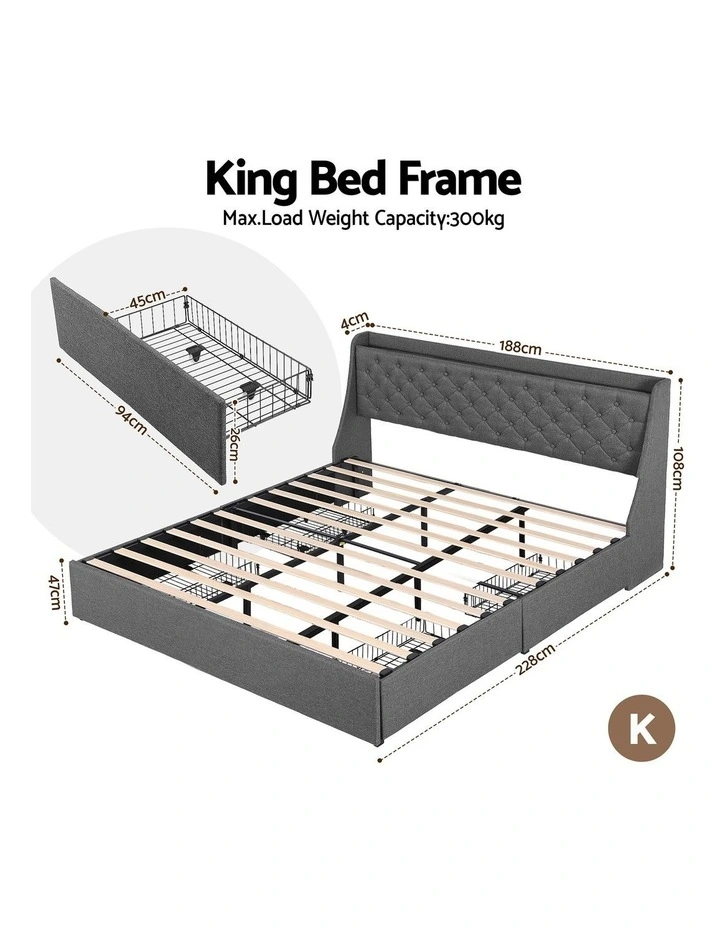 Artiss King Bed Frame with Storage Drawers Charging Station Tufted Wingback Charcoal Grey image 3