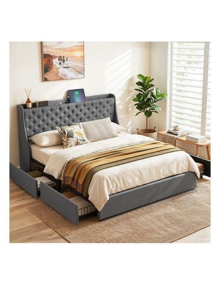 Artiss King Bed Frame with Storage Drawers Charging Station Tufted Wingback Charcoal Grey image 4