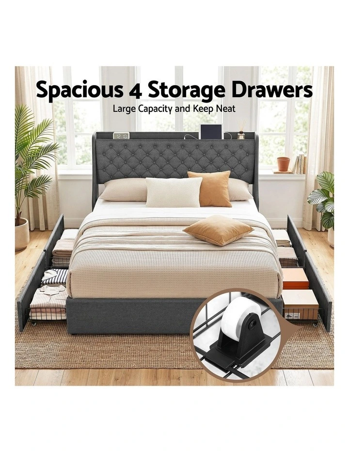Artiss King Bed Frame with Storage Drawers Charging Station Tufted Wingback Charcoal Grey image 6