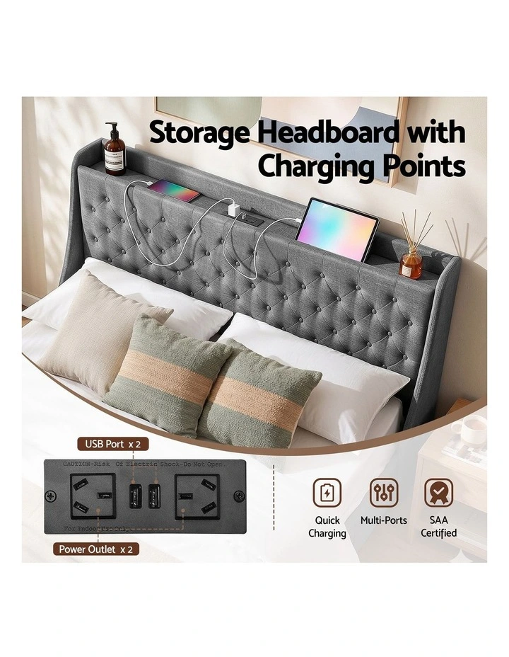 Artiss King Bed Frame with Storage Drawers Charging Station Tufted Wingback Charcoal Grey image 7