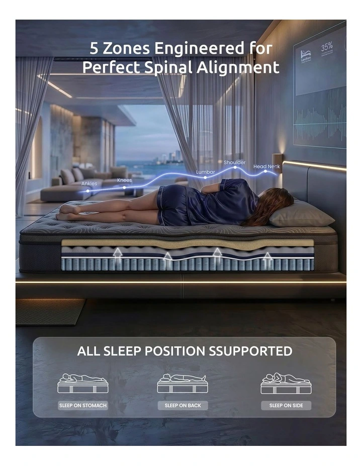 Levitex Queen 34cm 5-Zone Pocket Spring Mattress, Gel Memory Foam & Reinforced Edge Support image 6