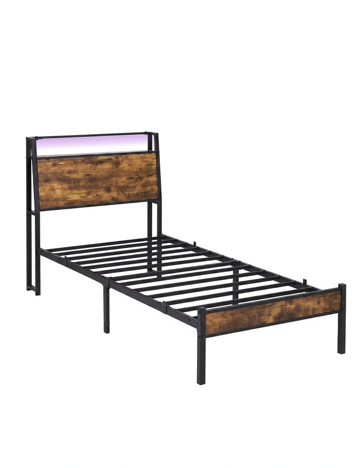 Levede Single Bed Frame LED Lights USB Charging Storage Headboard Metal Platform image 2