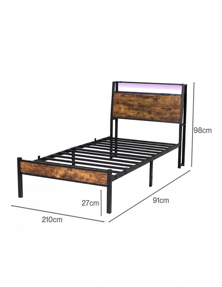 Levede Single Bed Frame LED Lights USB Charging Storage Headboard Metal Platform image 3