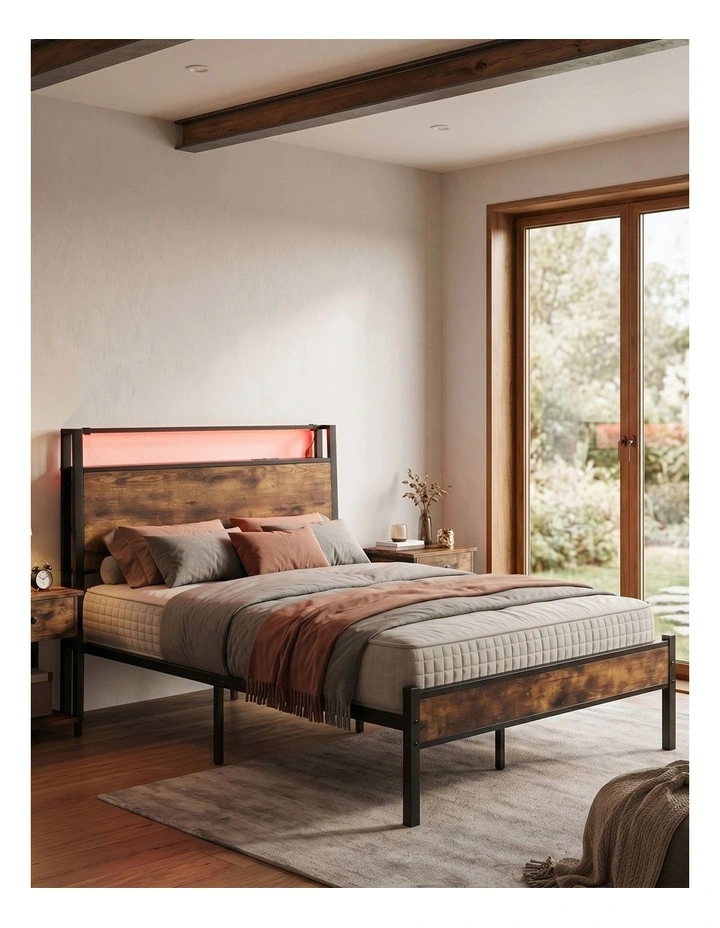 Levede Single Bed Frame LED Lights USB Charging Storage Headboard Metal Platform image 7