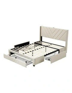 Artiss King Bed Frame with Charging Station and Storage Drawers Beige 300KG Noise Free