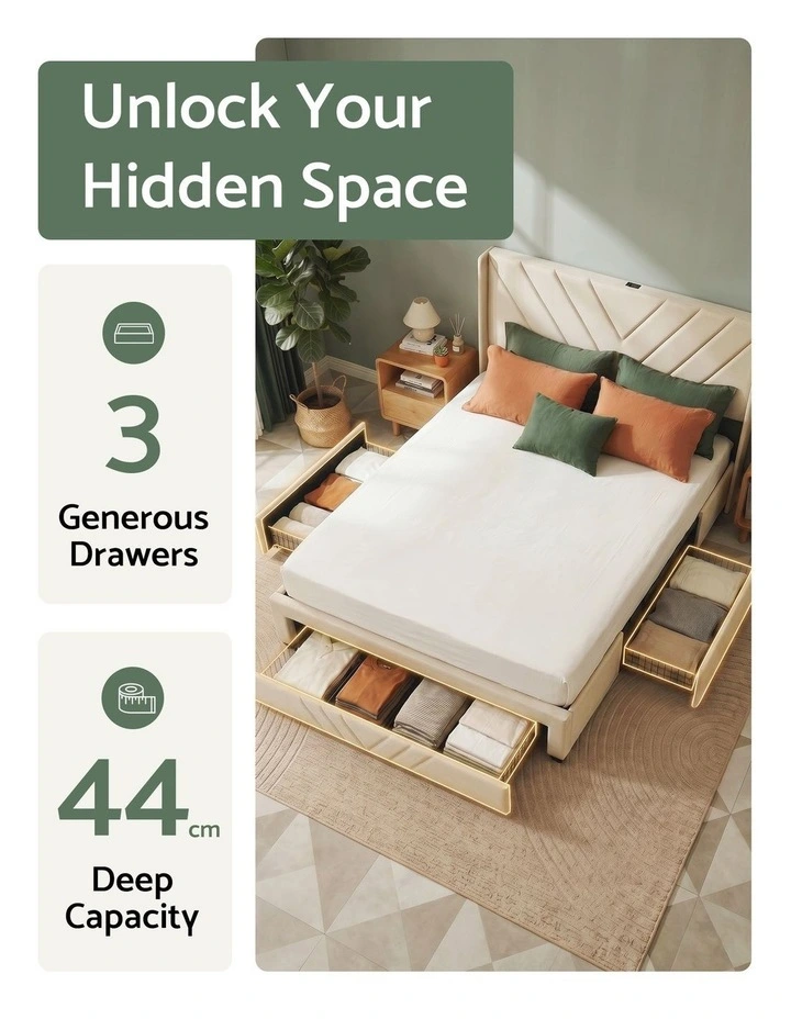 Artiss King Bed Frame with Charging Station and Storage Drawers Beige 300KG Noise Free image 4