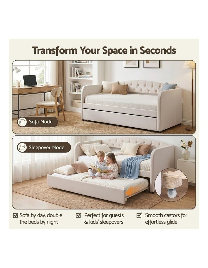 Artiss King Single Daybed Velvet Trundle Bed Frame Tufted Guest Bed image 4