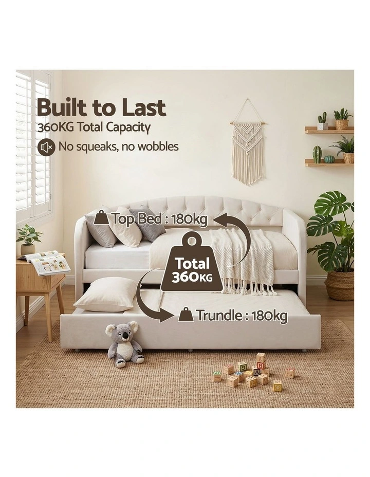 Artiss Single Daybed Velvet Trundle Bed Frame Tufted Guest Bed image 5