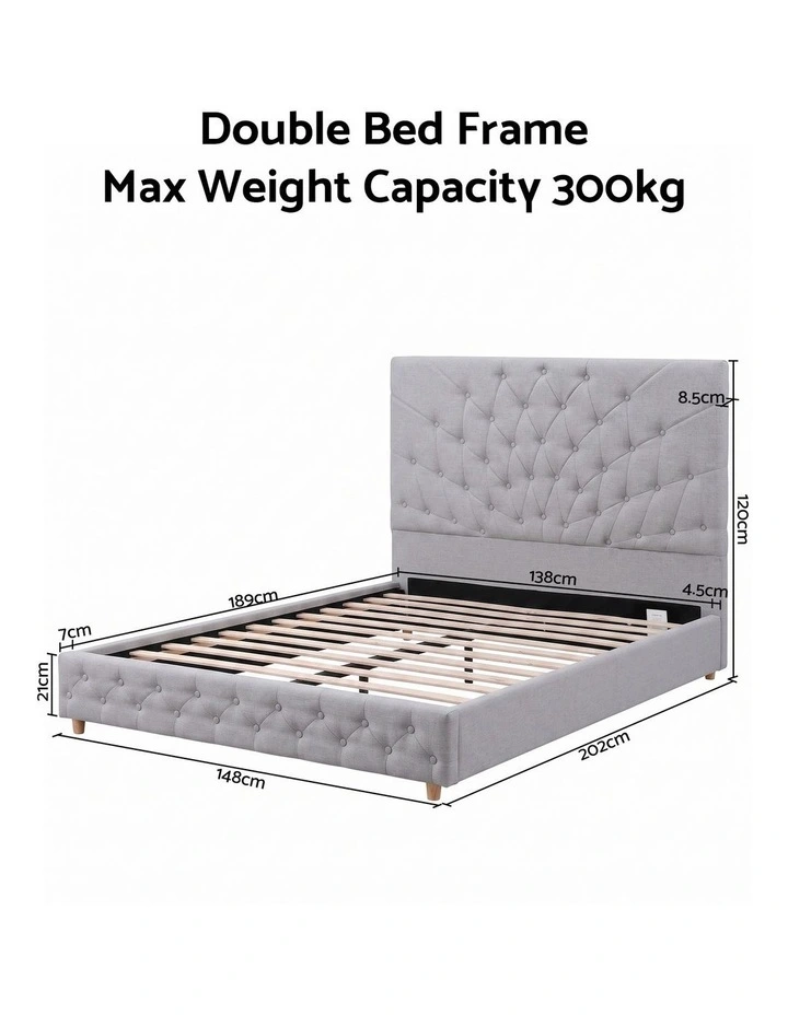 Artiss Double Bed Frame with Tufted Headboard and Plywood Slats Grey image 2