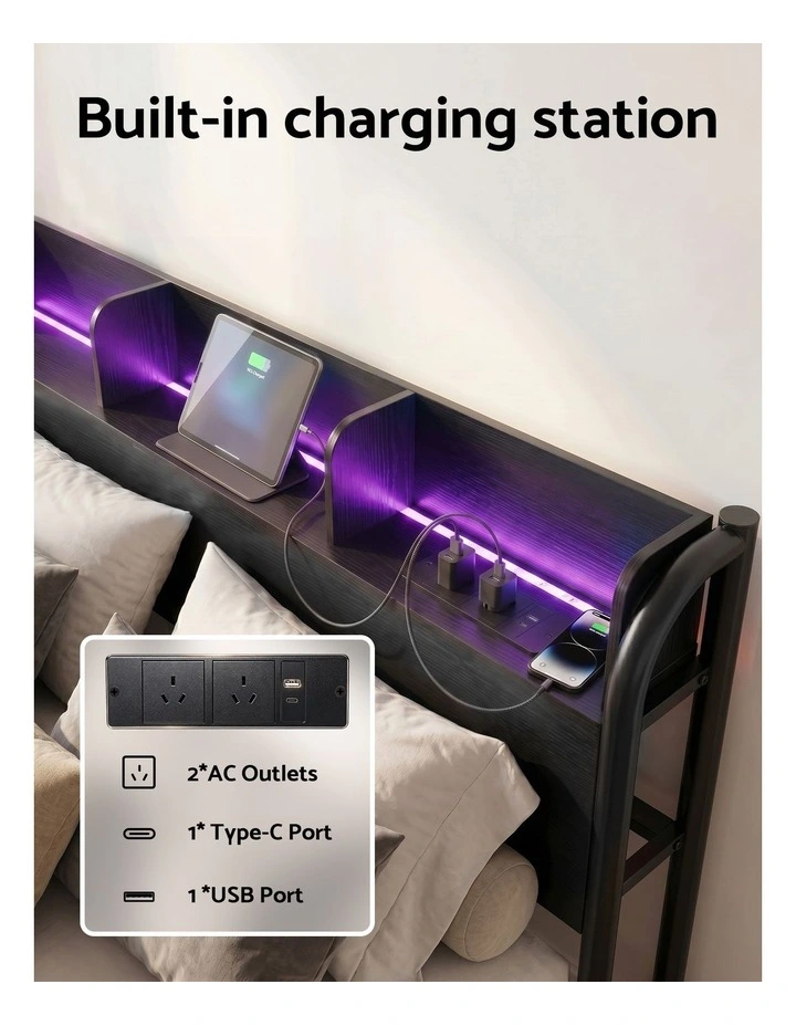 Artiss Bed Frame Queen Size with Storage Shelf Headboard Charging Station GRID image 4