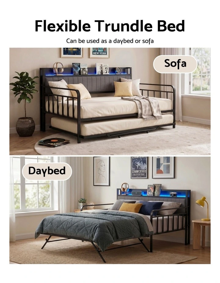 Artiss Bed Frame Double LED Metal Trundle Daybed with Charging Station TURN image 4