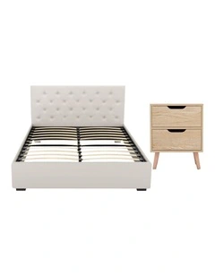 Artiss Double Gas Lift Bed Frame with Storage & Bedside Table Set Linen 2-Drawer Nightstand