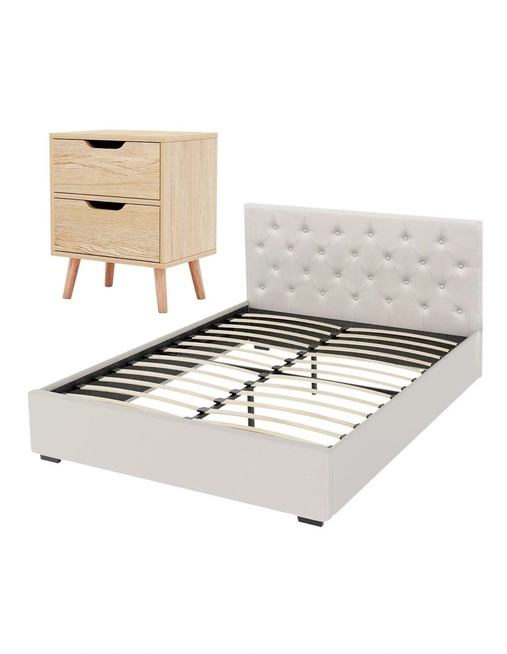 Artiss Double Gas Lift Bed Frame with Storage & Bedside Table Set Linen 2-Drawer Nightstand image 2