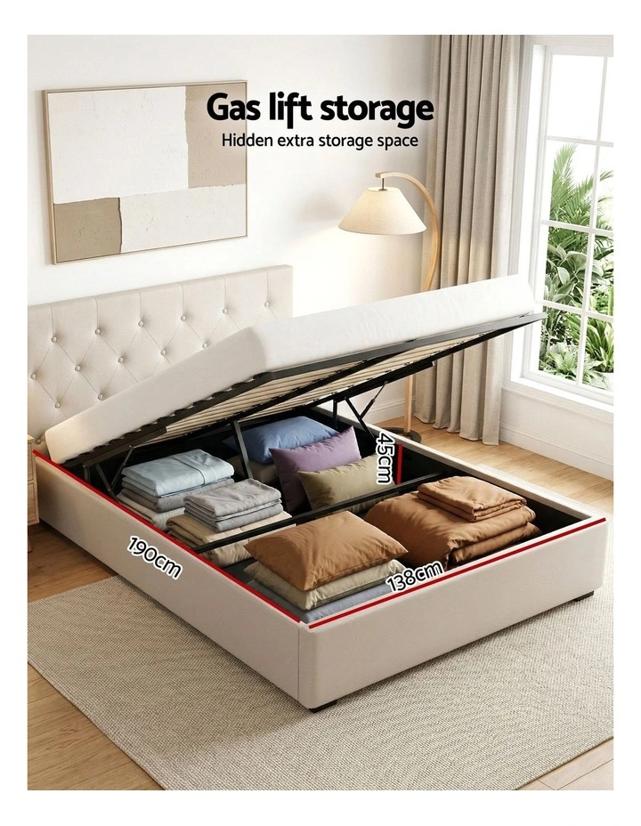 Artiss Double Gas Lift Bed Frame with Storage & Bedside Table Set Linen 2-Drawer Nightstand image 6
