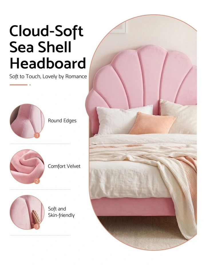 Artiss Single Bed Frame Scallop Upholstered Headboard Pink Velvet Platform Base Support up to 180kg image 4