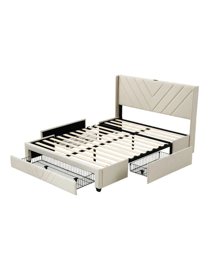 Artiss Queen Bed Frame with Charging Station and Storage Drawers Beige 300KG Noise Free image 1