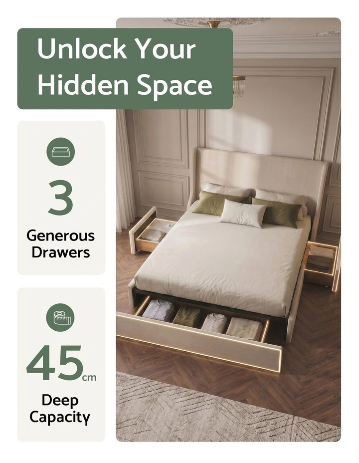Artiss King Wingback Storage Bed Frame, 3 Drawers Upholstered Heavy Duty Metal Base image 4