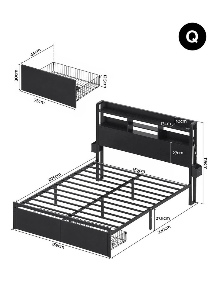 Artiss Bed Frame Queen with Charging Station Storage Organizer Drawers LED ZAC image 2