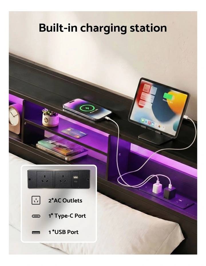 Artiss Bed Frame Queen with Charging Station Storage Organizer Drawers LED ZAC image 4