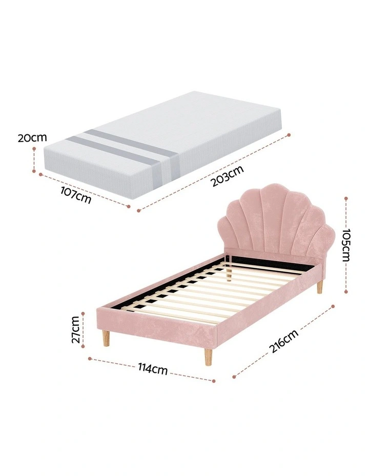 Artiss King Single Bed Frame BedStory Mattress Set Pink Velvet Scallop Bedhead with 20cm Mattress image 2