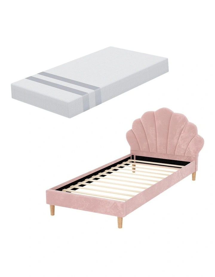 Artiss King Single Bed Frame BedStory Mattress Set Pink Velvet Scallop Bedhead with 20cm Mattress image 3