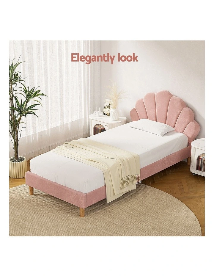 Artiss King Single Bed Frame BedStory Mattress Set Pink Velvet Scallop Bedhead with 20cm Mattress image 4