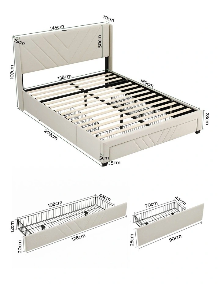 Artiss Double Bed Frame with Charging Station and Storage Drawers Beige 300KG Noise Free image 2