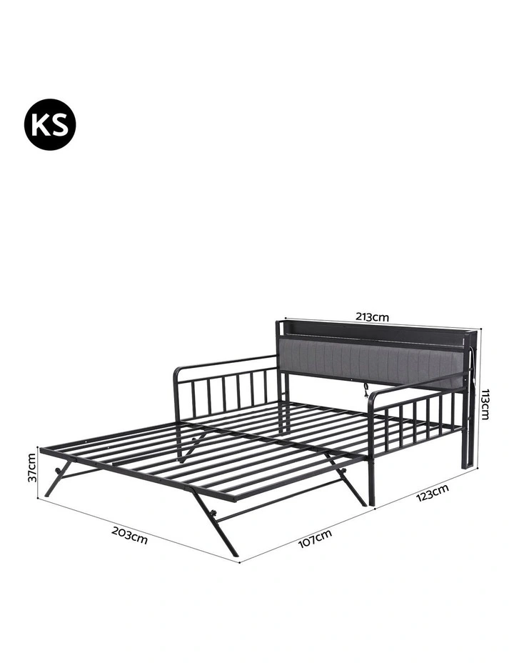 Artiss Bed Frame King Single LED Metal Trundle Daybed with Charging Station TURN image 2