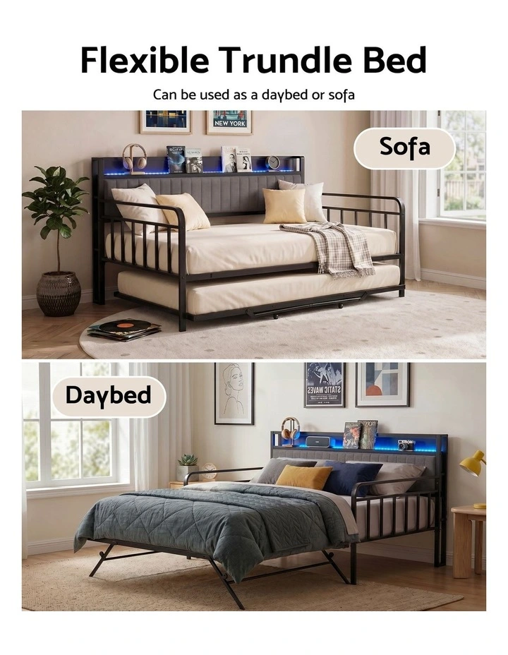 Artiss Bed Frame King Single LED Metal Trundle Daybed with Charging Station TURN image 4